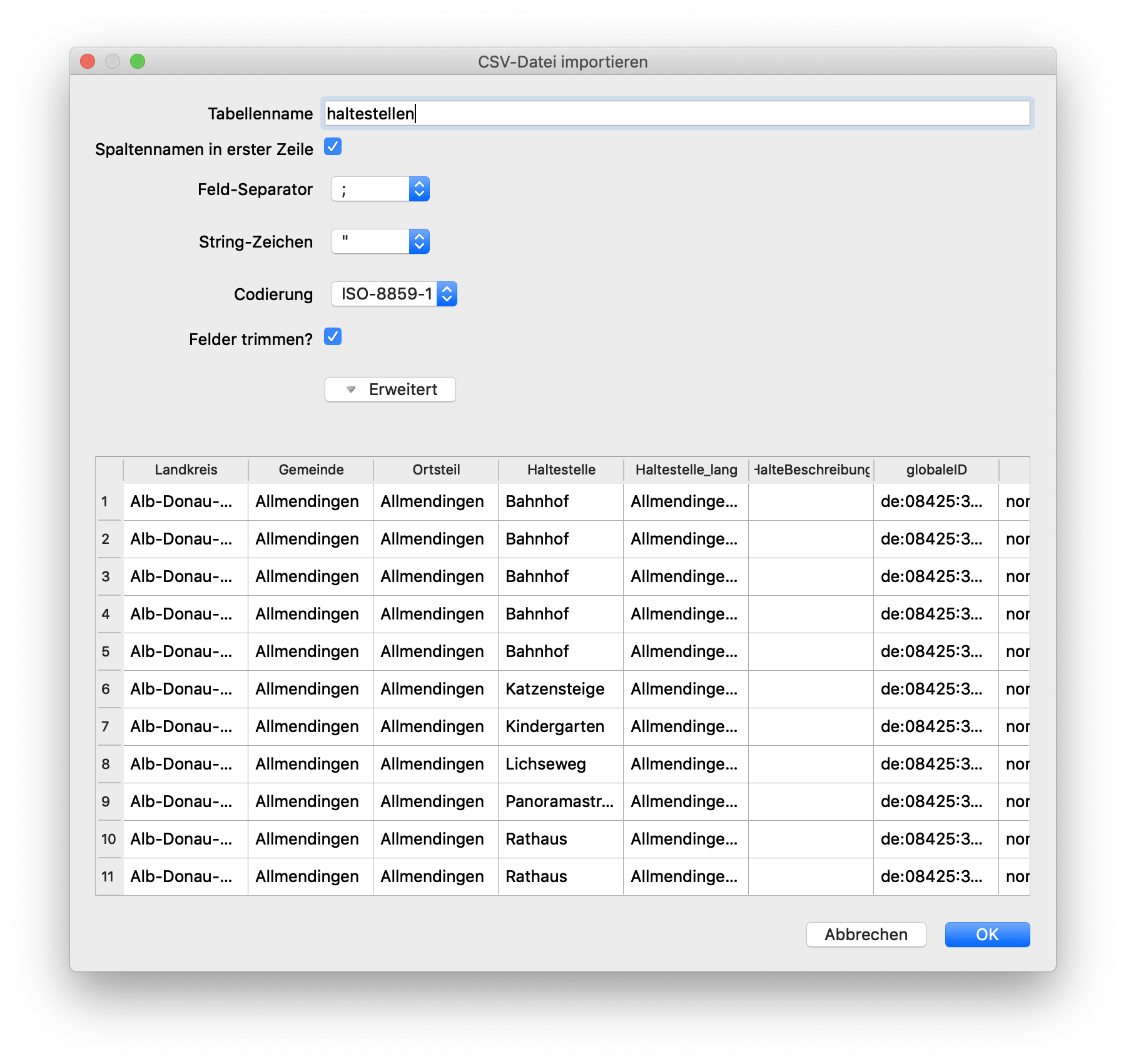 Importeinstellungen DB Browser for SQLite
